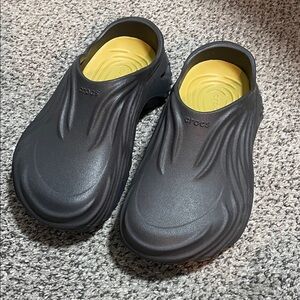 CROCS Charcoal and Yellow Clogs